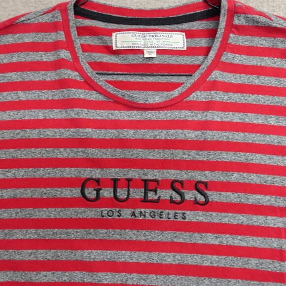 Guess Shirt XL Red Gray Striped Embroidered Spellout Retro ASAP - Picture 1 of 6